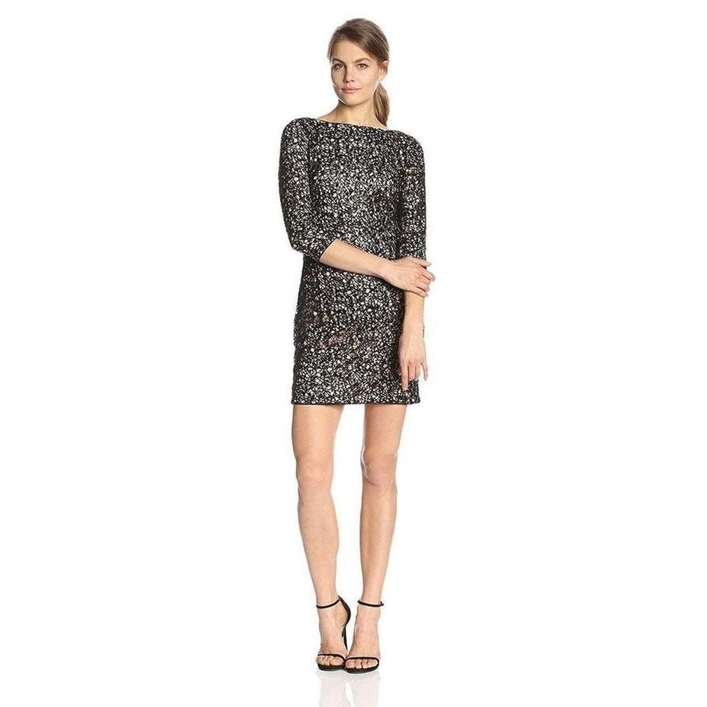 Aidan by Aidan Mattox Black Sequined Lace V-Back Cocktail Dress Size 6